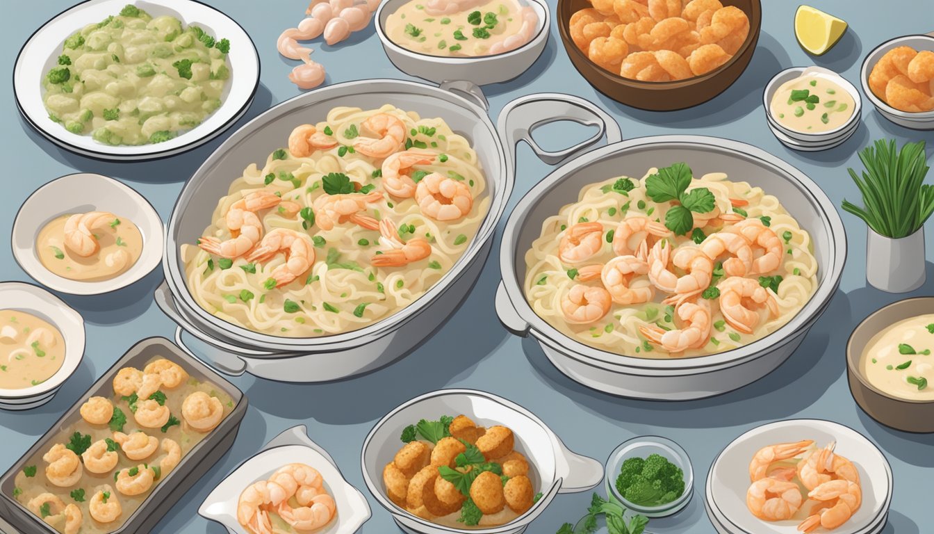 A steaming plate of Shrimp Alfredo surrounded by 10 HEB Meal Simple prepared meals on a kitchen counter