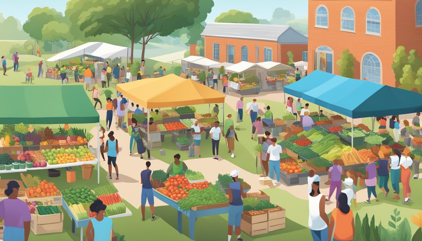 A bustling farmers market with vendors selling fresh produce, a fitness class in the park, and a community garden with volunteers working together