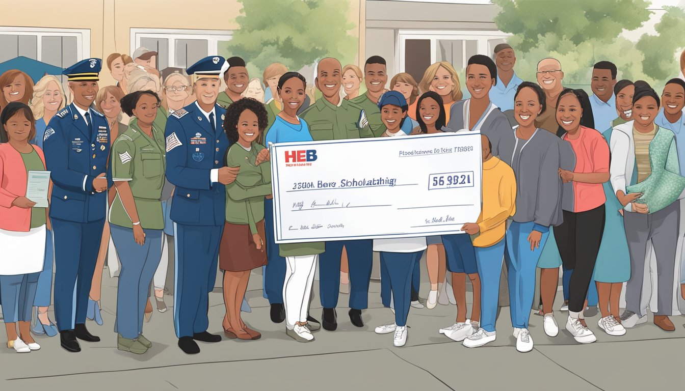 A military family receiving a scholarship check from HEB, surrounded by supportive community members and representatives