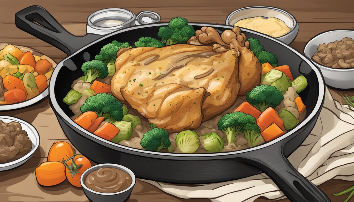 A sizzling skillet of Chicken Marsala surrounded by colorful vegetables and a side of creamy mashed potatoes