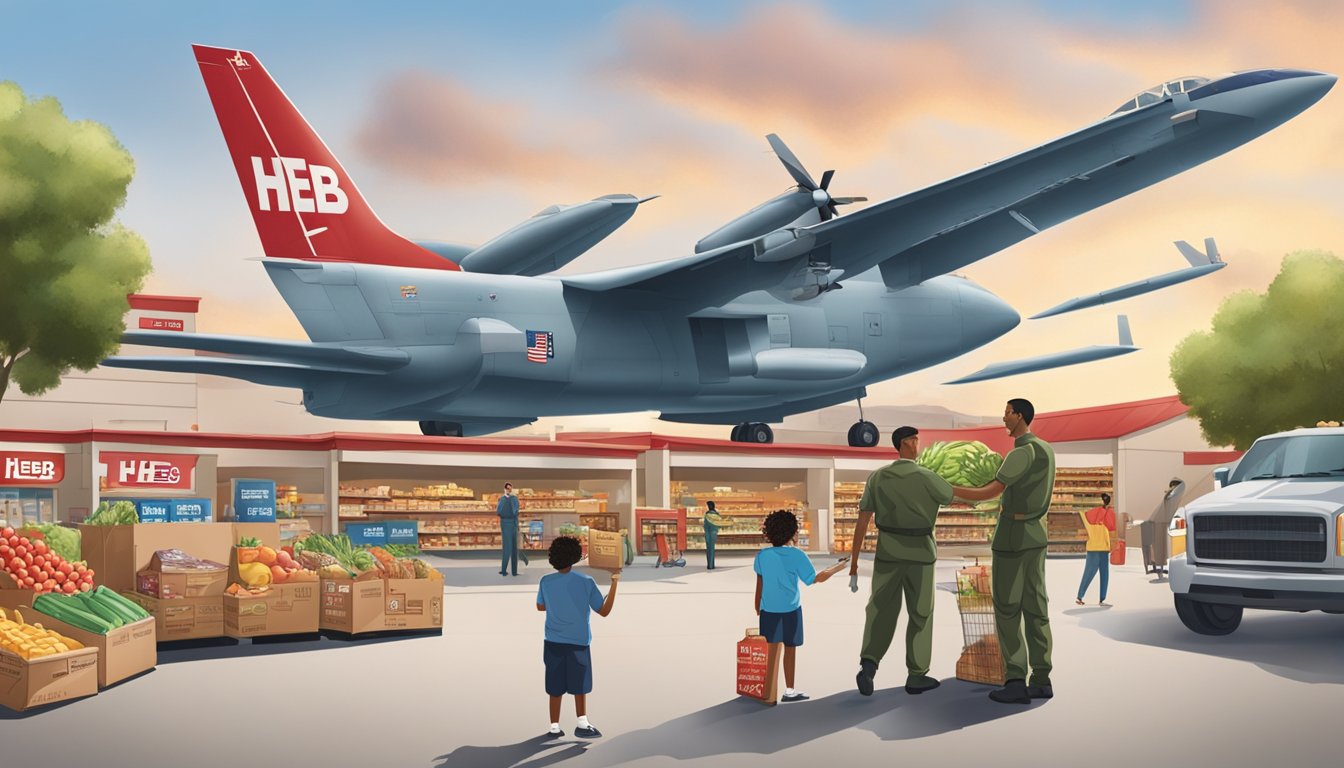 A military family receiving groceries from an HEB store employee, while a military aircraft flies overhead