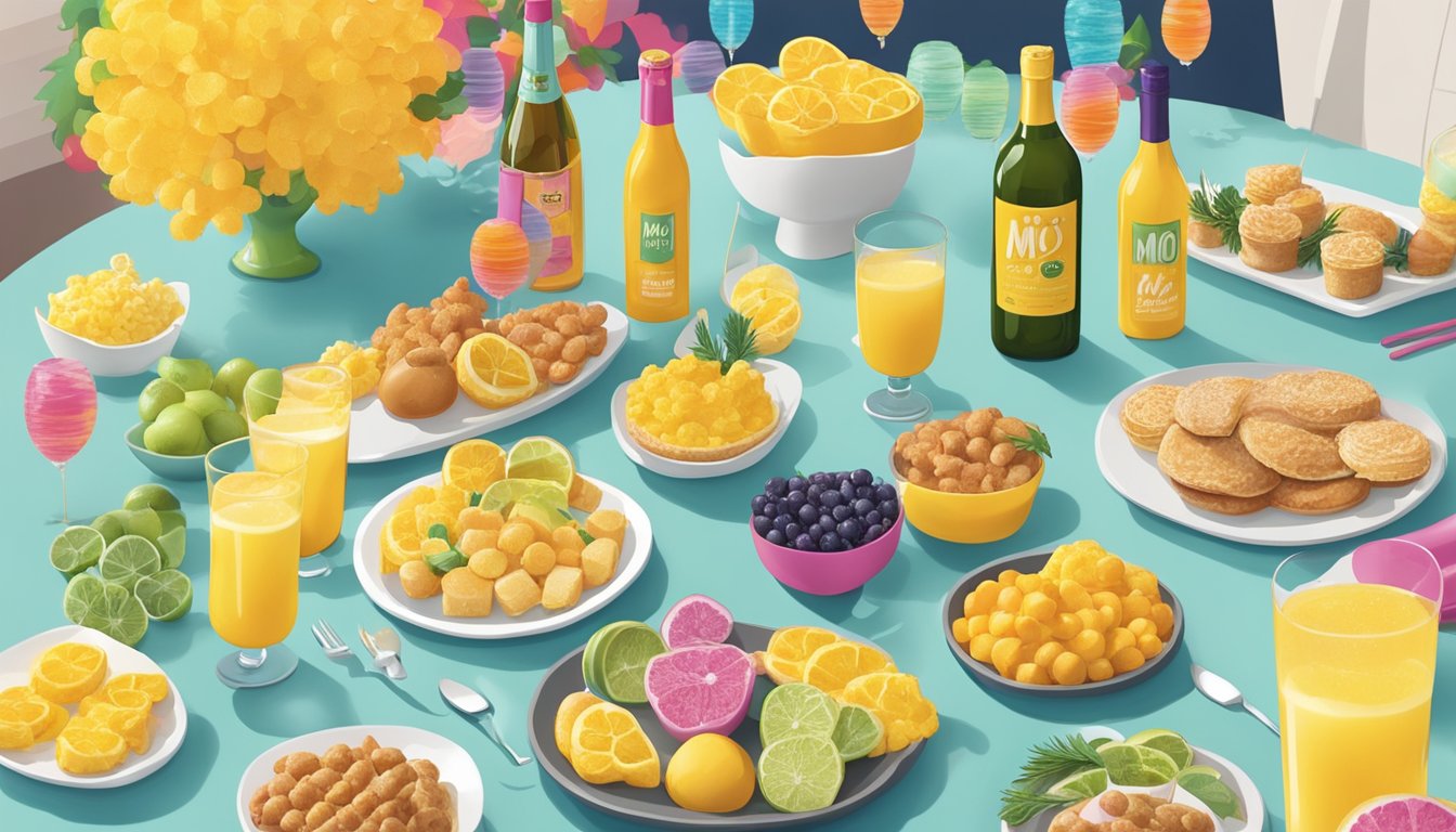 A festive table spread with HEB products, including colorful bottles of Mio's Mic Drop Mimosas, surrounded by party decorations and serving platters