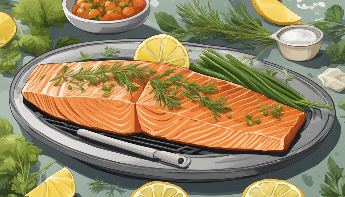 A sizzling salmon fillet grilling on a barbecue, surrounded by fresh herbs and lemon slices, with a side of steamed vegetables