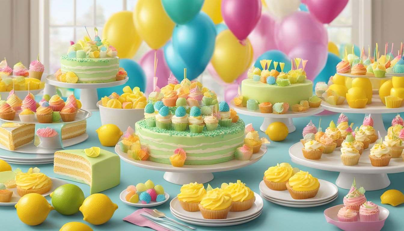 A table set with a variety of H-E-B Bakery Lemon Cake Bites and other HEB party products, surrounded by festive decorations and colorful party favors