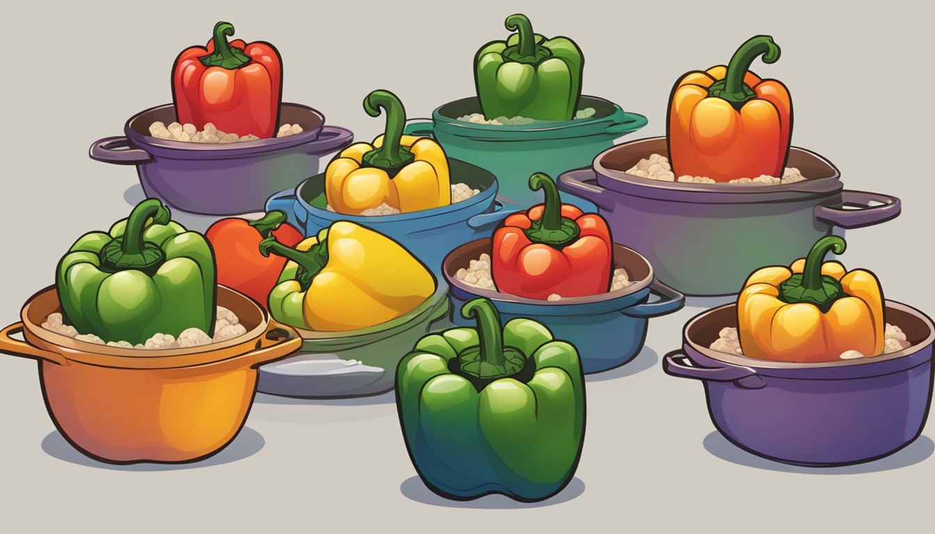 A table set with 10 colorful stuffed bell peppers, steam rising from them, ready to be served for a busy weeknight meal