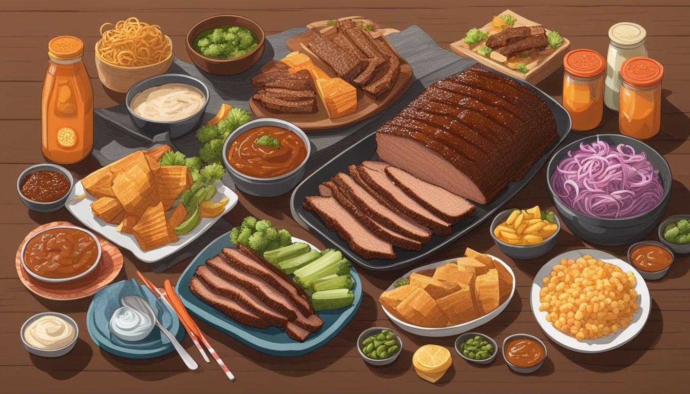 A platter of fully cooked brisket in BBQ sauce surrounded by 15 HEB party products