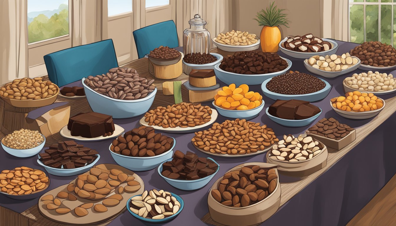 A table spread with 15 HEB products, including Central Market Dark Chocolate Almonds, arranged for a party setting