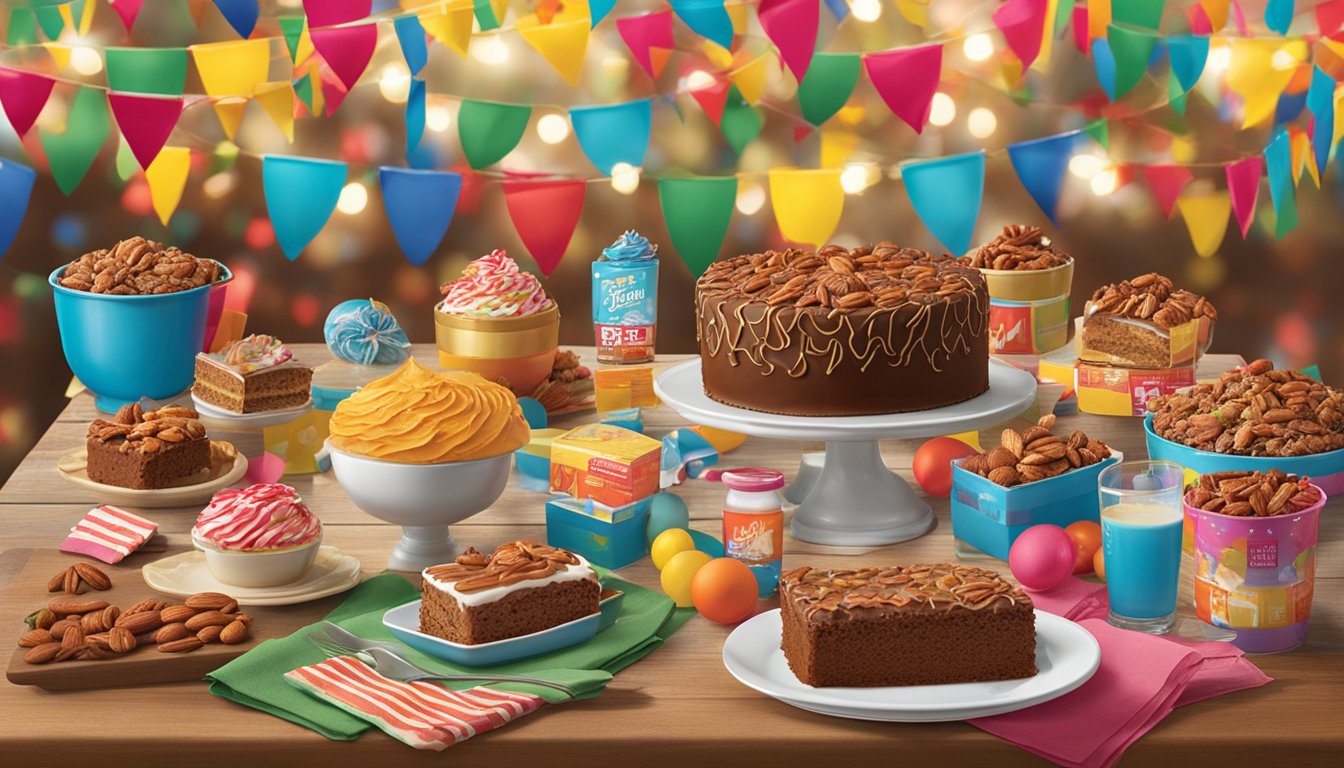 A festive party table with a Texas Pecan Sheet Cake surrounded by 15 H-E-B products, set against a backdrop of colorful decorations and lively music