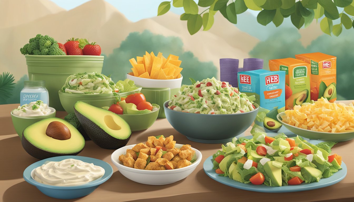 A vibrant party table with a variety of H-E-B Creamy Avocado Ranch Salad Kit and other HEB products displayed in an inviting and appetizing manner