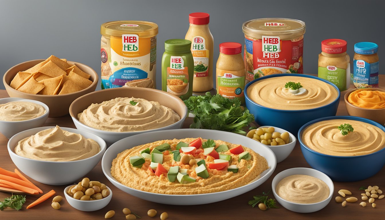 A colorful spread of H-E-B Select Ingredients Mediterranean Hummus surrounded by 15 other HEB products, ready to elevate a party