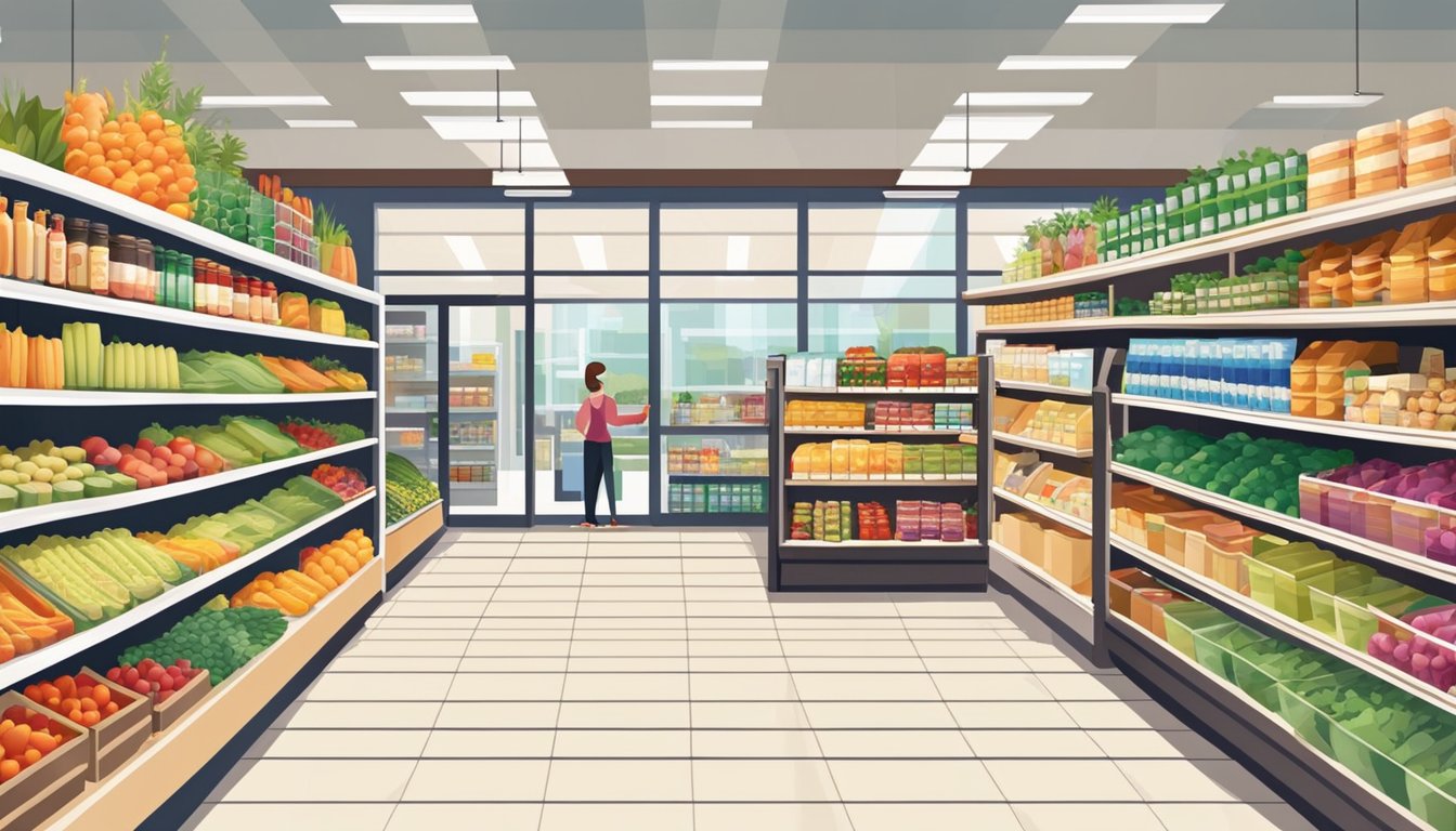 Brightly lit grocery store with fully stocked shelves and organized displays. Smiling employees assist customers and maintain a clean, inviting atmosphere