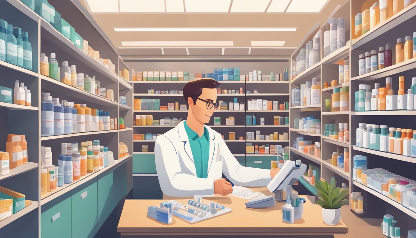 A pharmacist consults with a customer at a desk in a well-lit pharmacy, surrounded by shelves of medication and health products