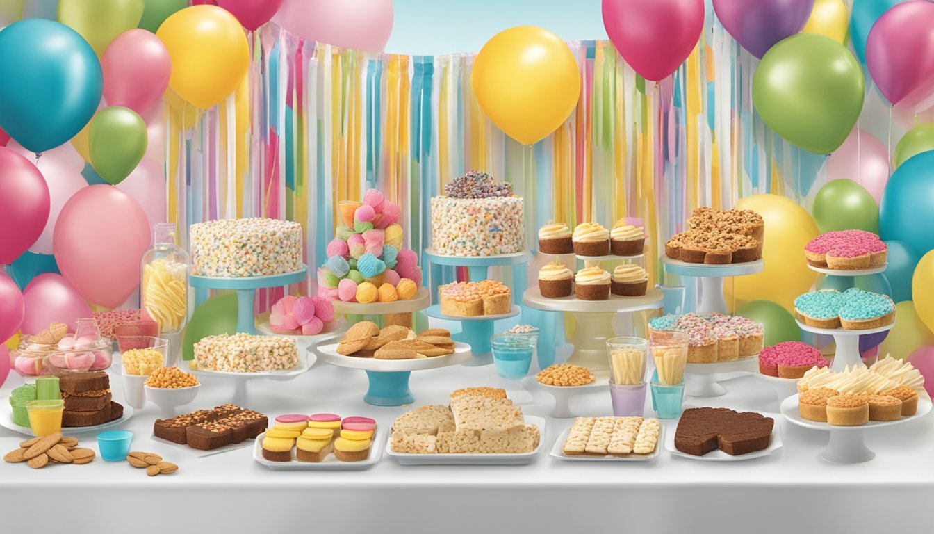 A colorful party table with H-E-B Creamy Creations Vanilla Almond Bars and other HEB products displayed