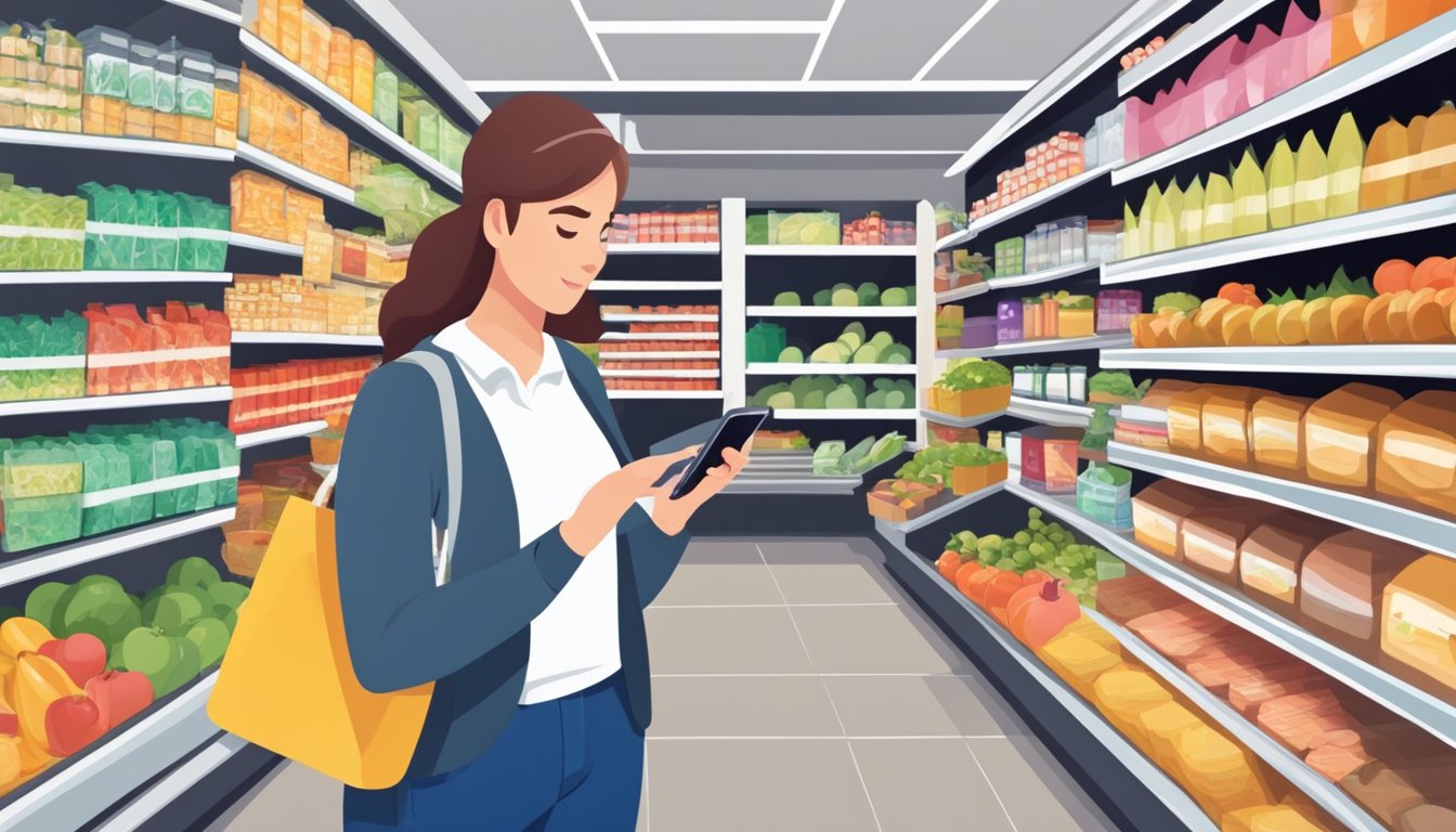 A person using a smartphone to access a personalized shopping list while standing in the aisle of a grocery store