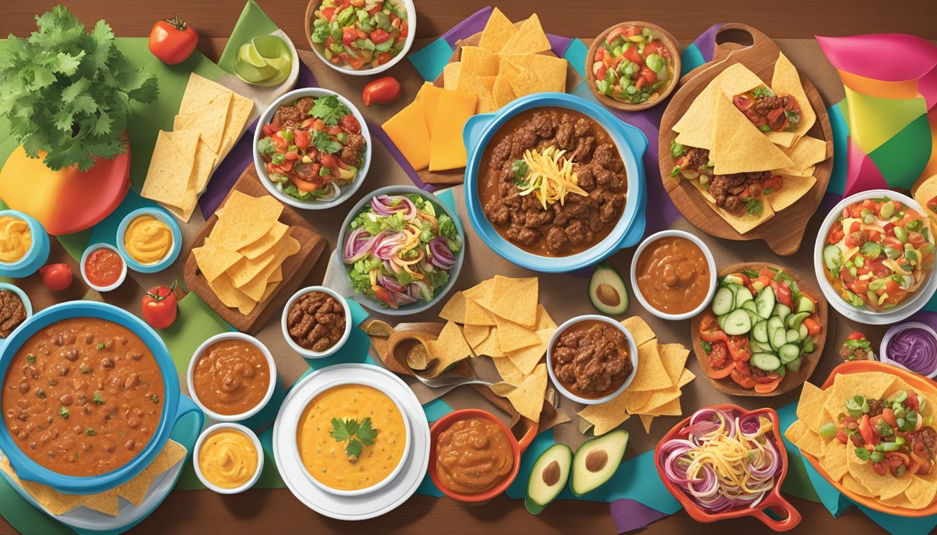 A vibrant party spread with H-E-B Spicy Beef Queso as the centerpiece, surrounded by 15 HEB products