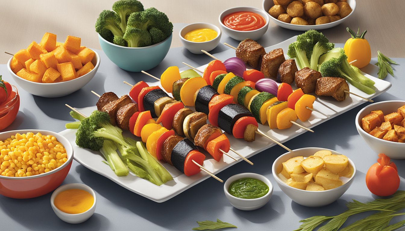 A colorful array of roasted vegetable kabobs arranged on a serving platter surrounded by other H-E-B party products