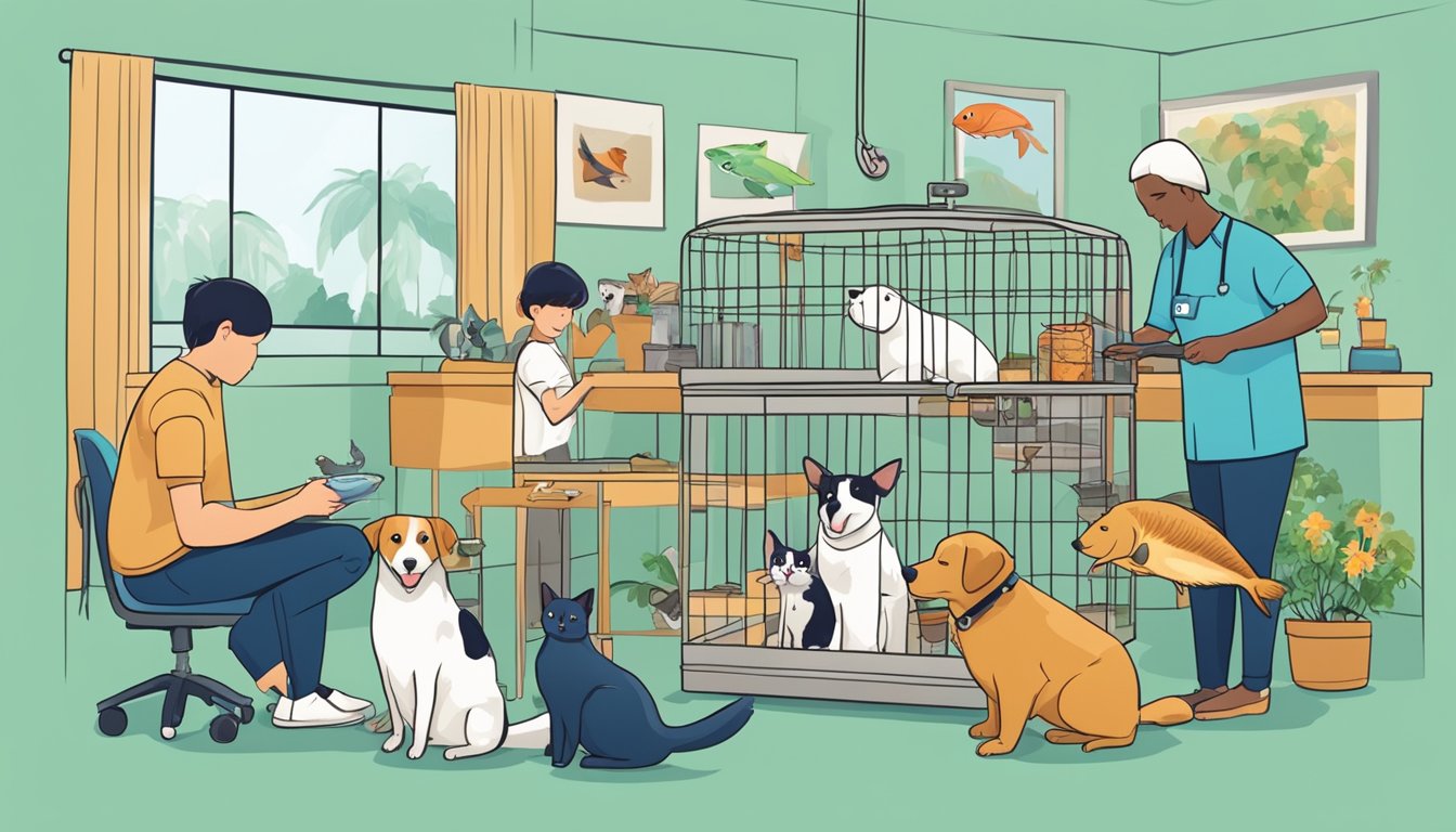 A variety of pets receiving care: a dog being groomed, a cat getting a check-up, a bird in a cage, a fish tank, a hamster in a wheel, and more