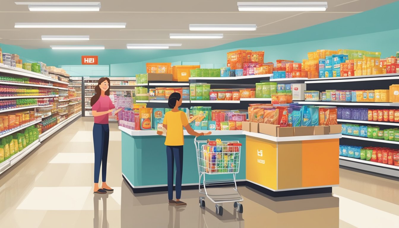 A smiling customer receiving personalized assistance from a helpful HEB employee amidst a well-stocked and organized store with bright lighting