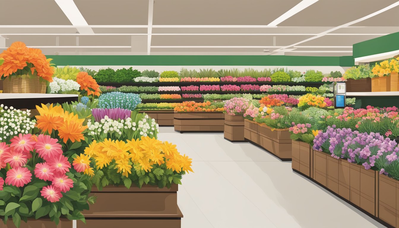 A colorful array of flowers and greenery arranged in vases and baskets, displayed in an inviting floral department at an HEB grocery store