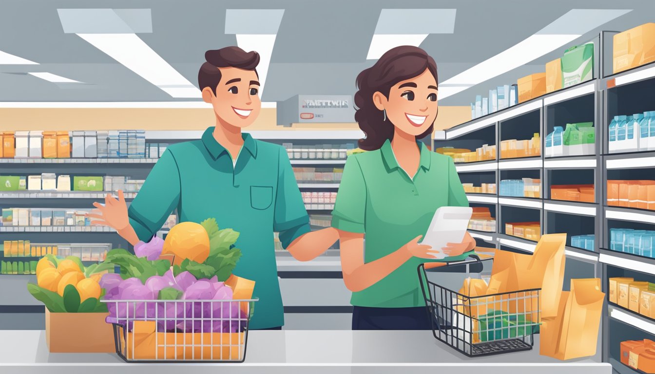 A smiling employee assisting a customer with a full shopping cart at the checkout counter