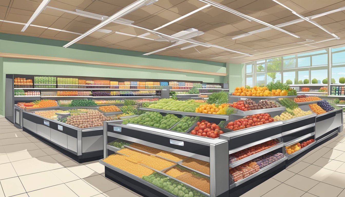 A spacious and well-organized grocery store with bright, inviting displays and clearly labeled aisles