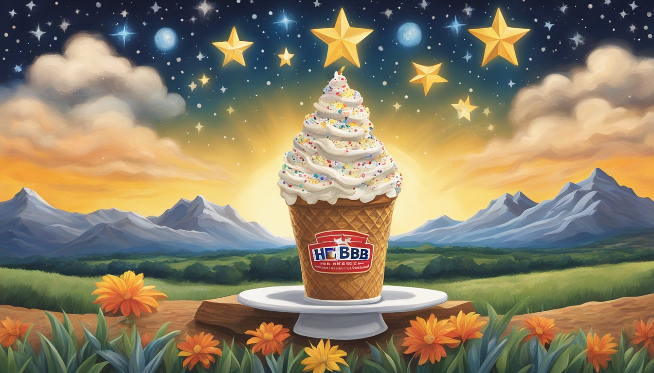 A lone star shines over a Texas landscape, with iconic H-E-B products scattered around, including the Creamy Creations Texas Starry Night Ice Cream