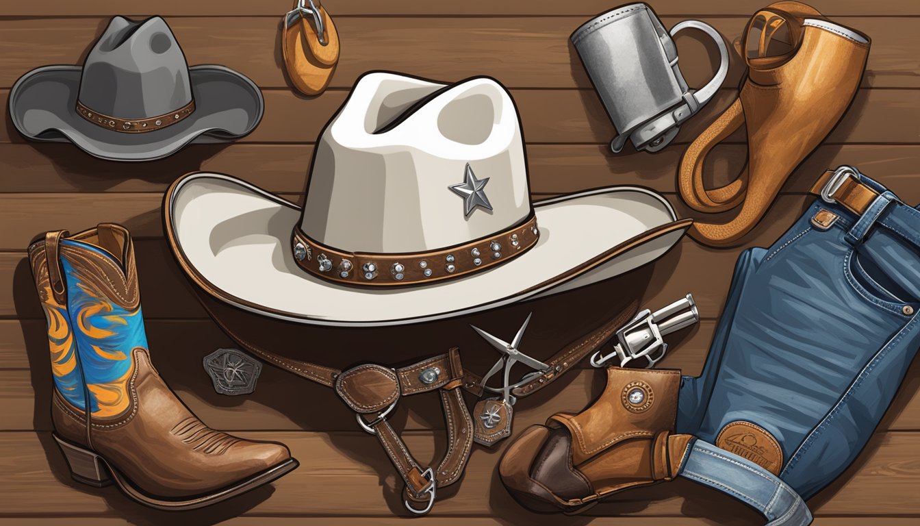 A cowboy hat, cowboy boots, a lone star flag, a longhorn skull, a BBQ grill, a pair of spurs, and a rodeo belt buckle