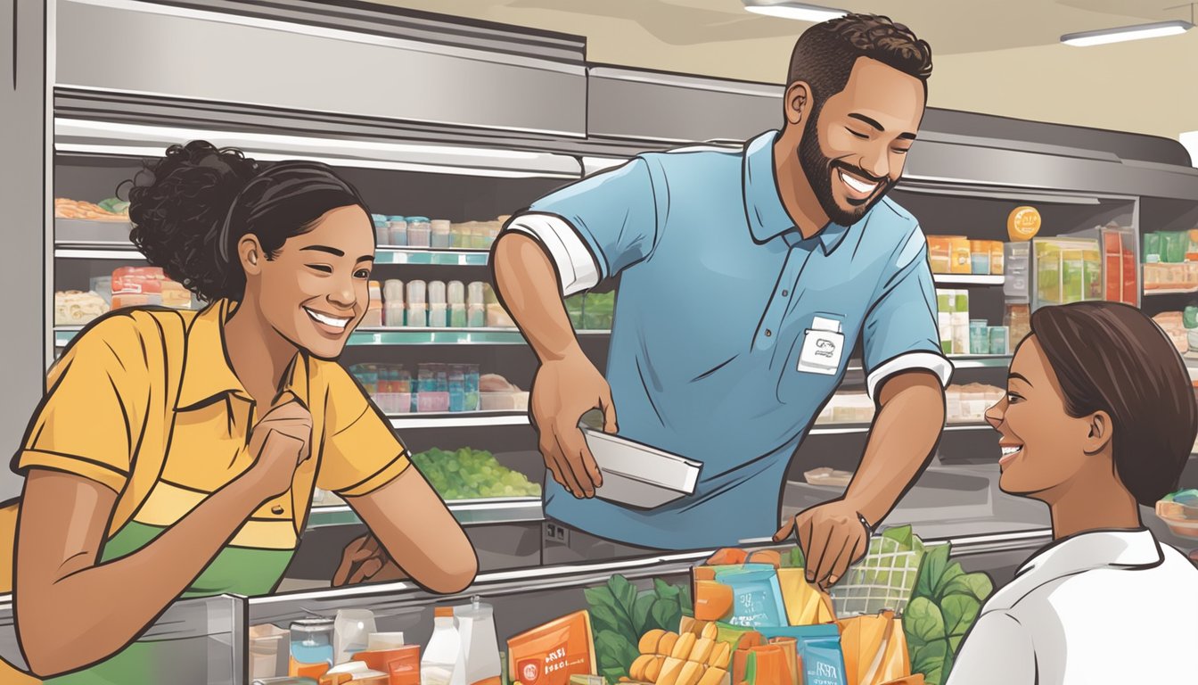 A smiling customer receiving assistance from a helpful HEB employee while other staff members assist and engage with other happy customers