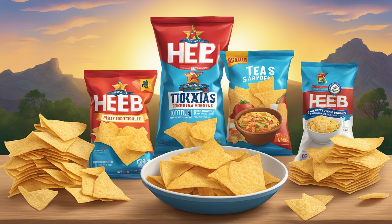 A pile of H-E-B Texas shaped tortilla chips surrounded by other HEB products with Texas-themed packaging