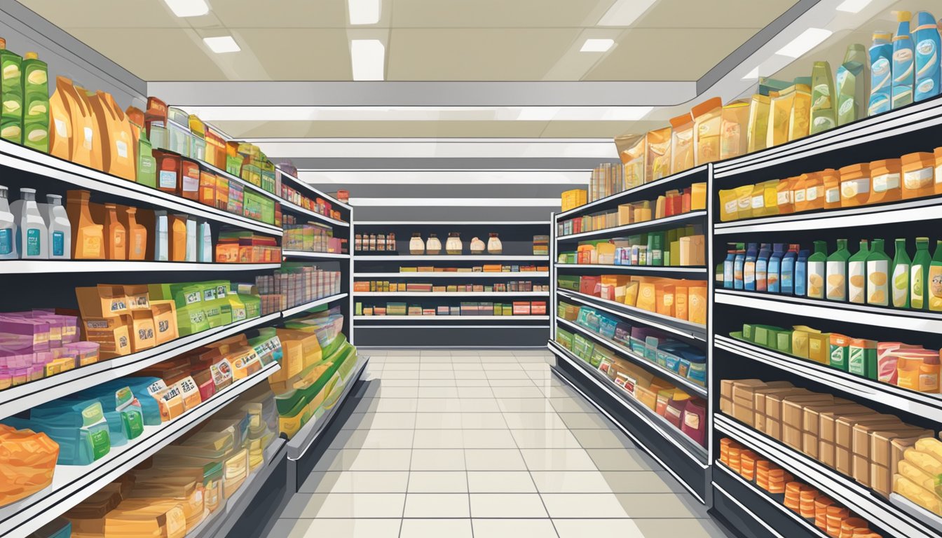 A crowded grocery store aisle with shelves stocked with various products, prominently displaying "Buy One, Get One Free" offers