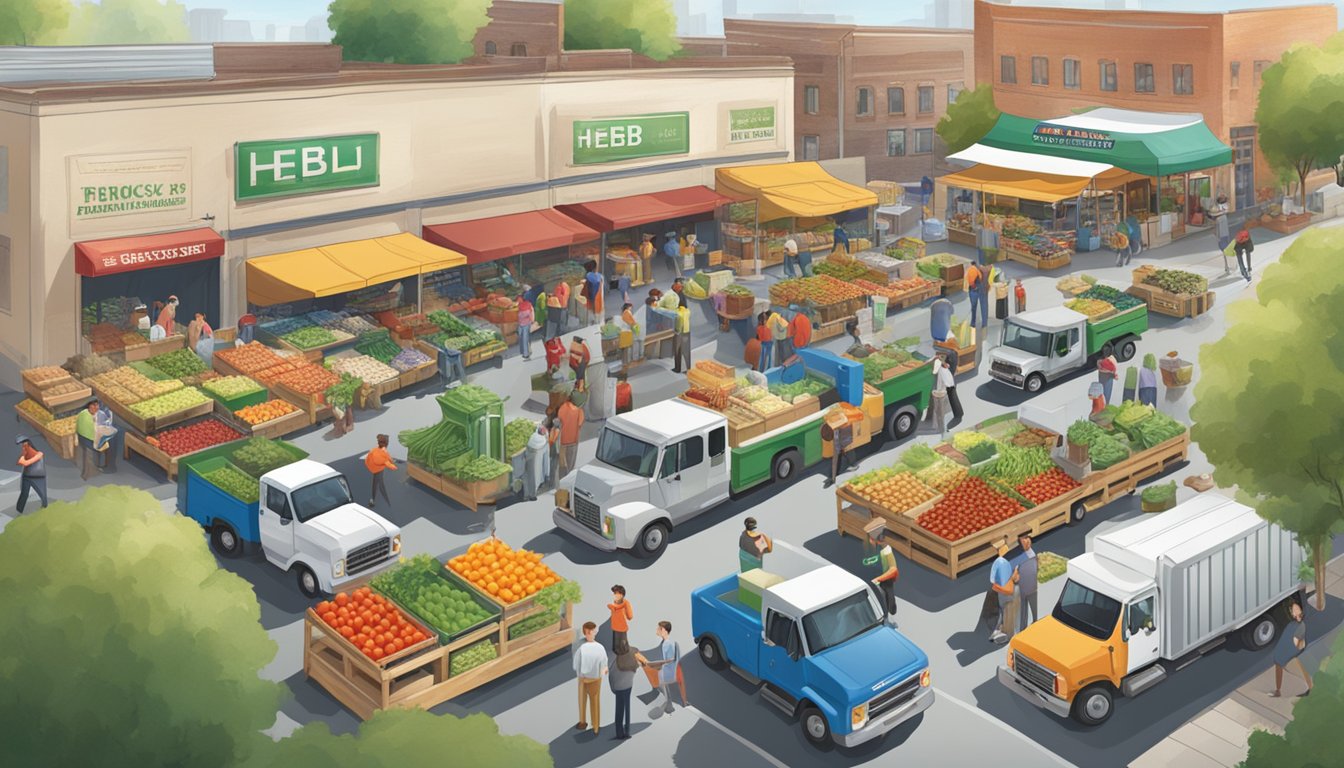 A bustling farmer's market with HEB trucks unloading fresh produce, surrounded by smiling farmers and eager customers