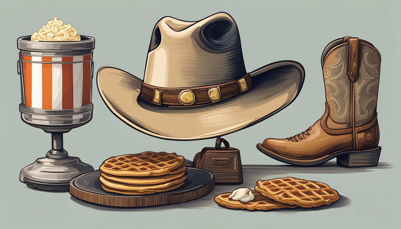 A cowboy hat, a lone star flag, a pair of cowboy boots, a BBQ grill, a rodeo trophy, a longhorn skull, and a Texas-shaped waffle iron