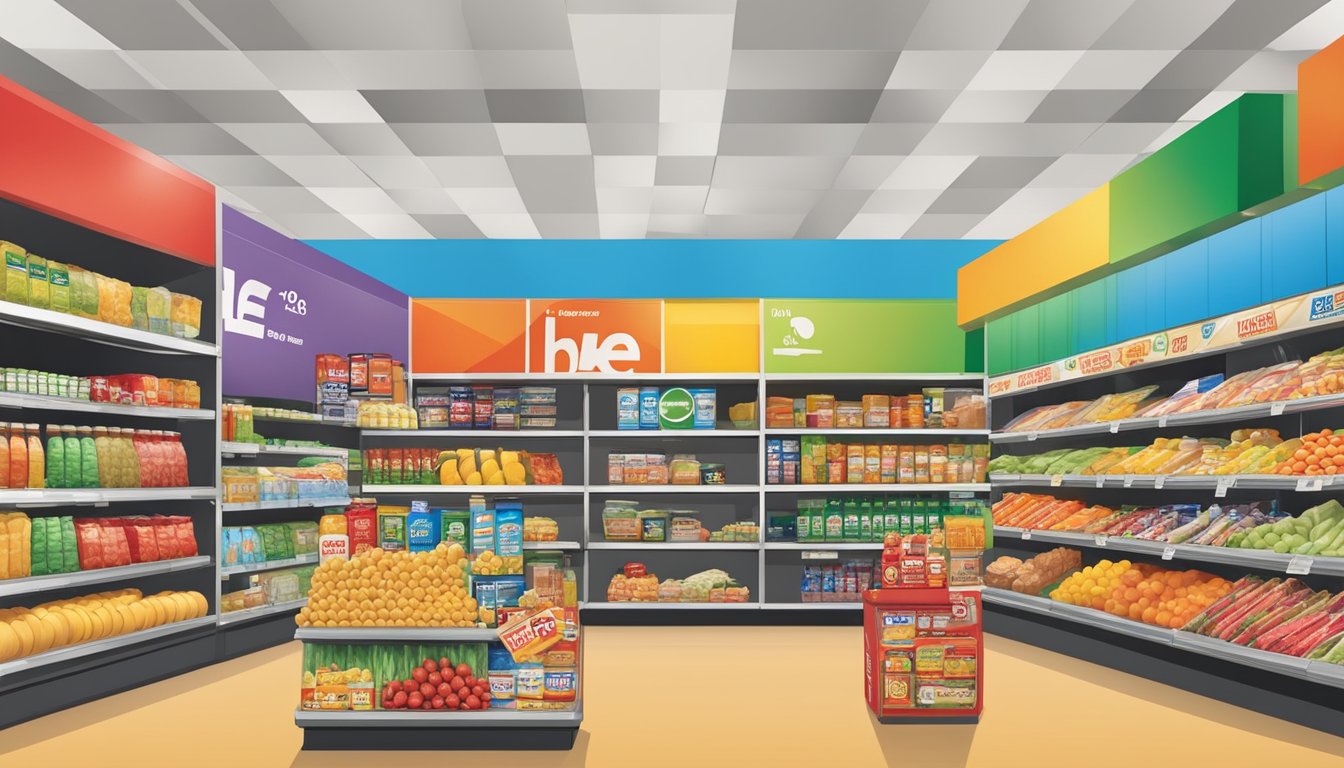 A colorful display of various grocery items with price tags, surrounded by the H-E-B logo and signage promoting member pricing for H-E-B partners