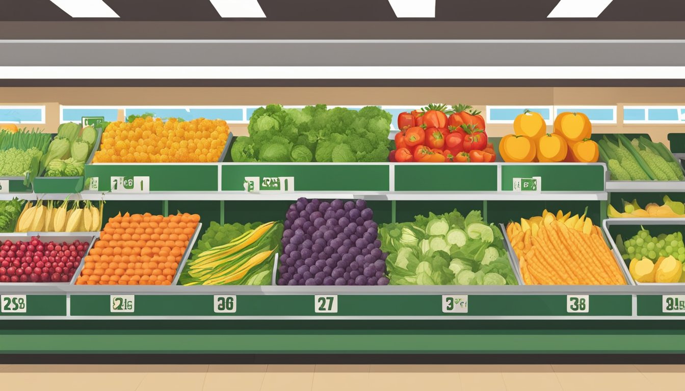 A colorful display of fresh fruits and vegetables at an HEB grocery store, with signs highlighting seasonal produce savings