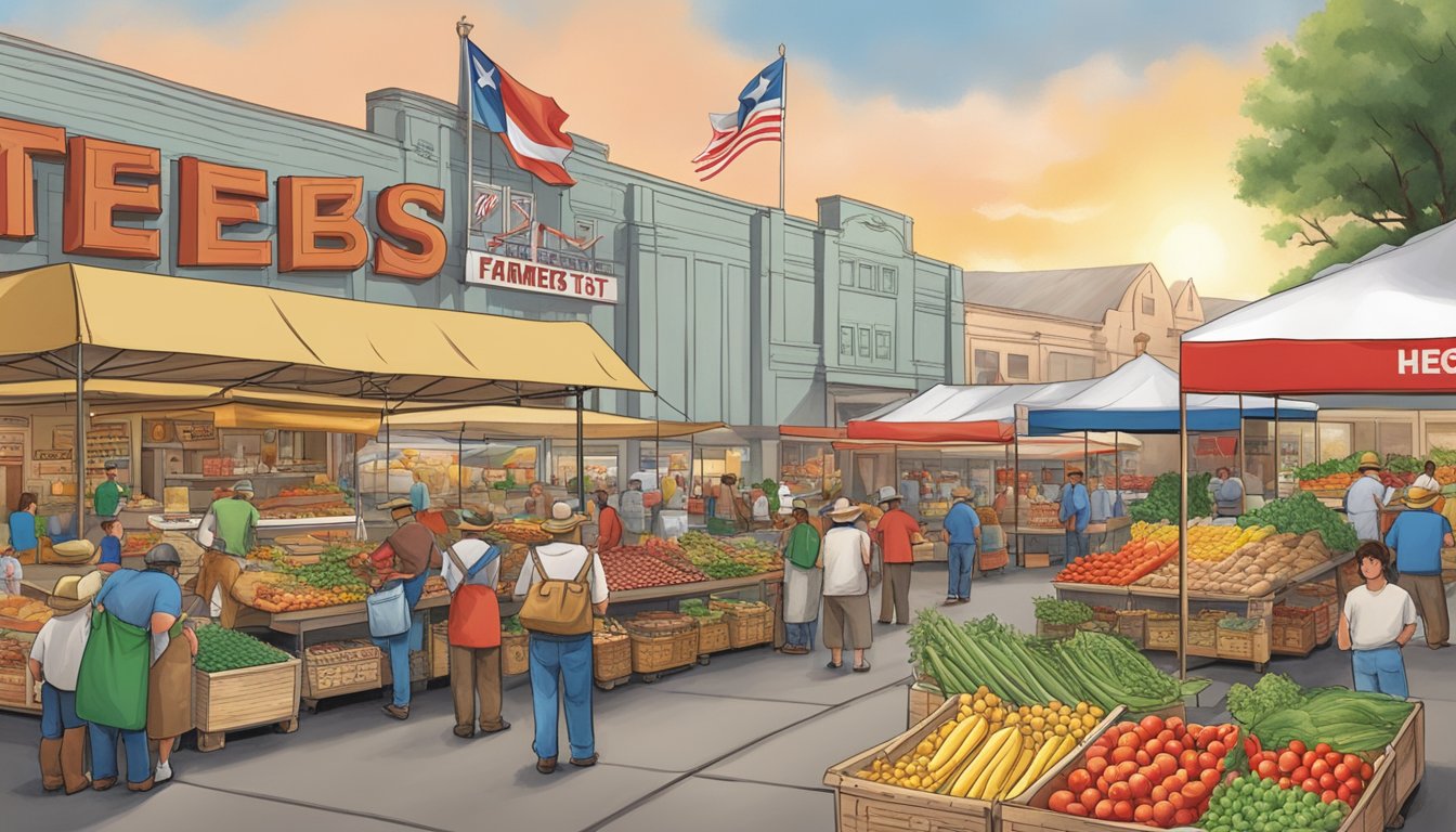 A bustling Texas farmers' market with vendors selling HEB products under a Lone Star flag backdrop