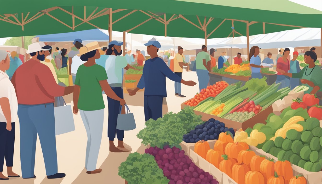 Local farmers and HEB representatives shaking hands at a bustling farmers' market with fresh produce and locally made goods on display