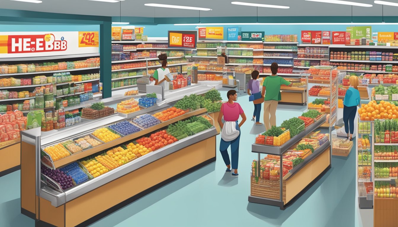 A bustling grocery store with colorful H-E-B brand products displayed on shelves, surrounded by happy customers and bright signage