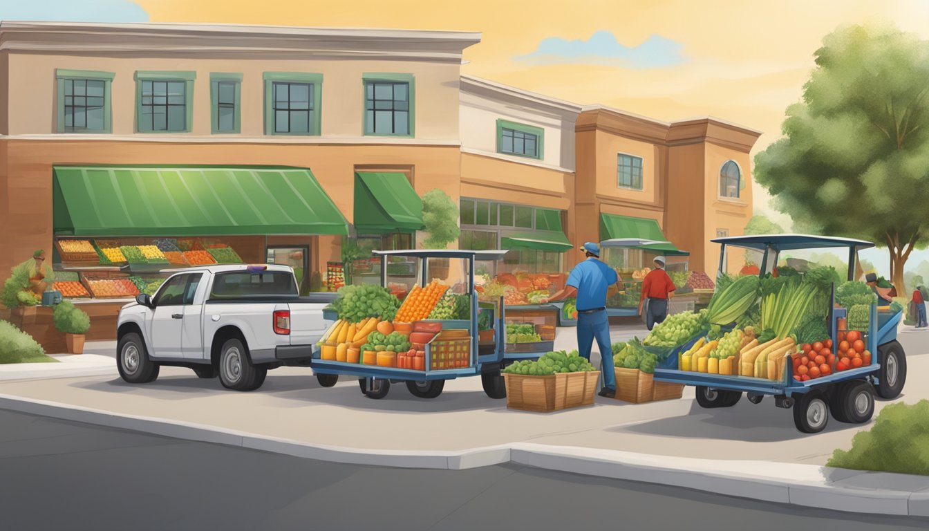 Local farmers delivering fresh produce to HEB stores, while small businesses display their products in partnership with the supermarket chain