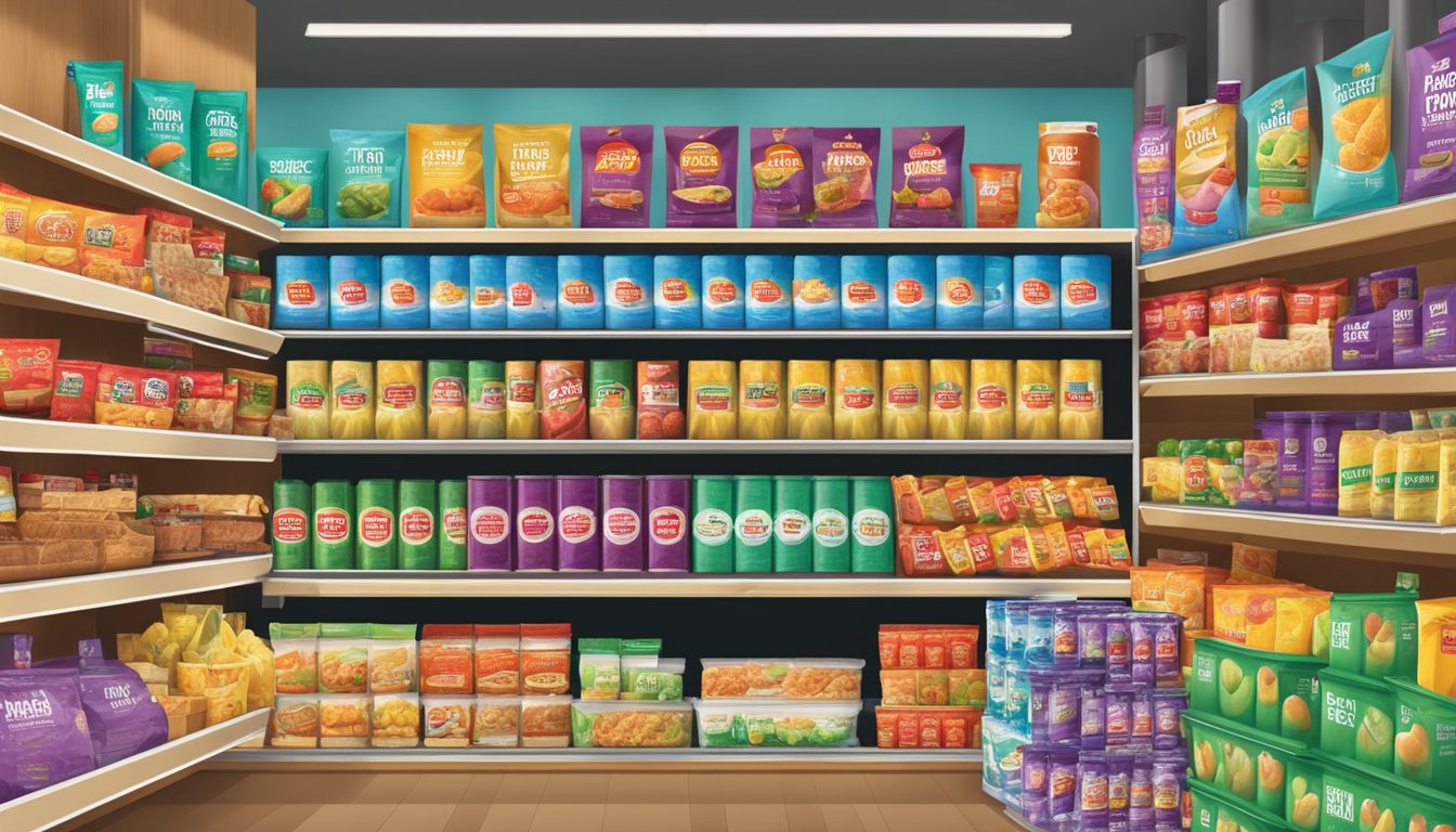 A colorful display of HEB brand products arranged on shelves with price tags and promotional signs