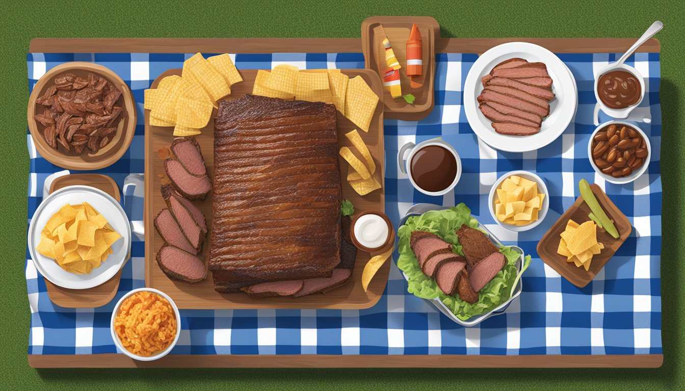 A spread of HEB Natural Brisket and other tailgating products on a picnic table at a football game