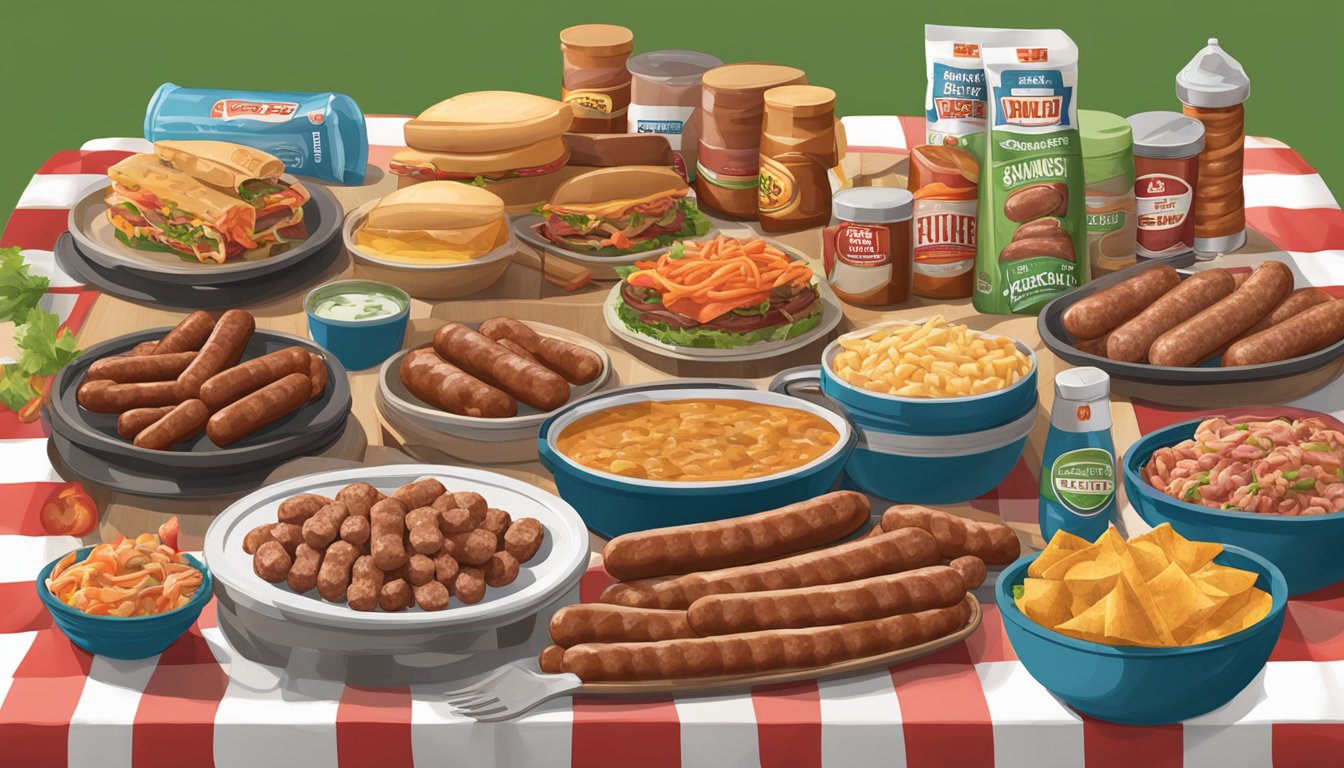 A table filled with HEB Fully Cooked Sausage Wraps and other tailgating products