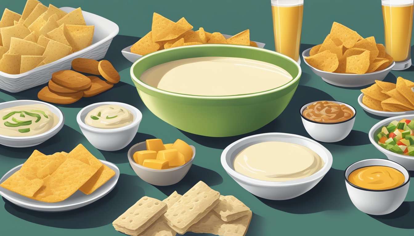 A table spread with 15 HEB products, including a bowl of queso blanco dip, ready for a tailgating party