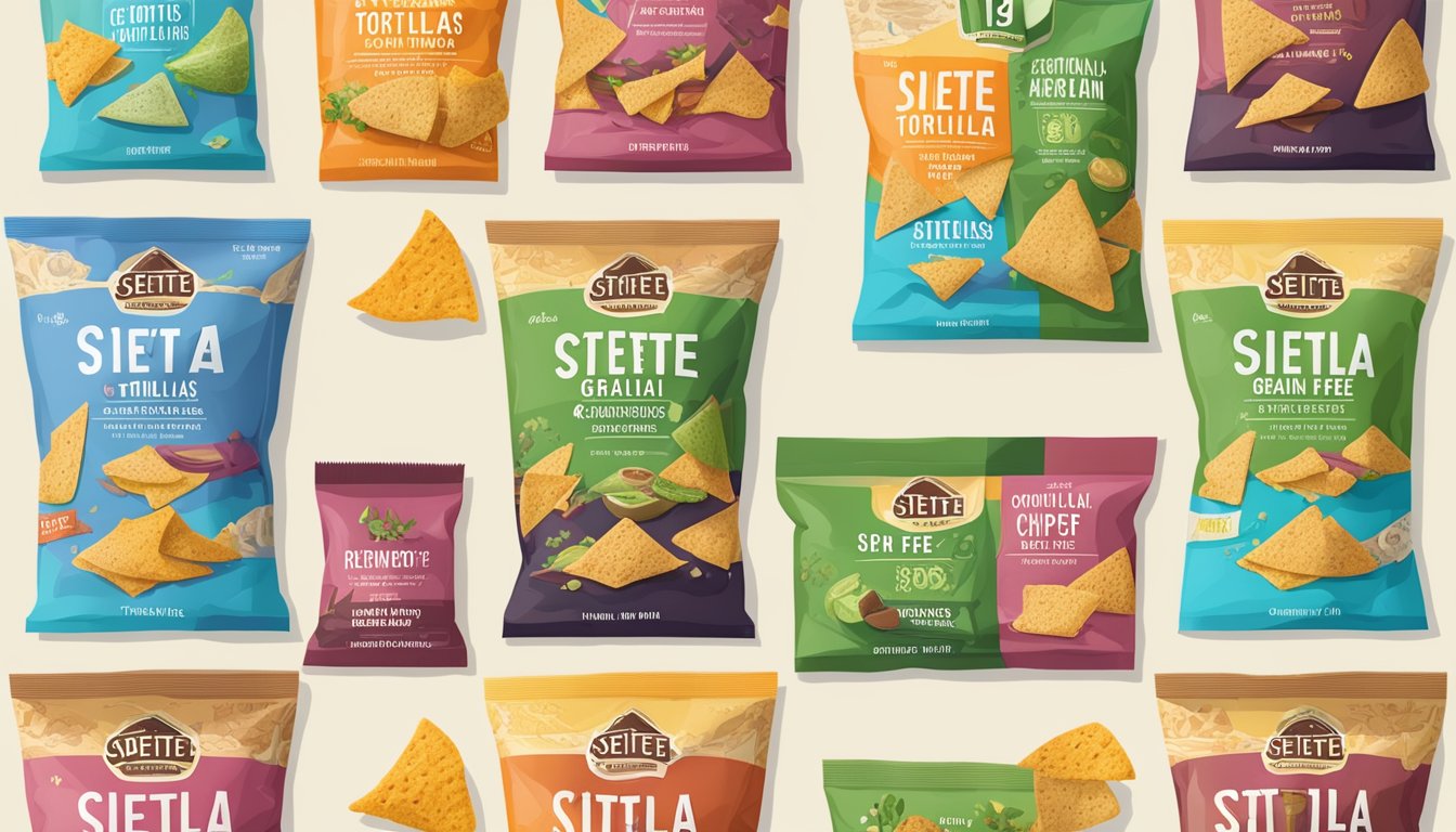 A colorful display of Siete Grain Free Tortilla Chips surrounded by 12 HEB offerings for various dietary restrictions