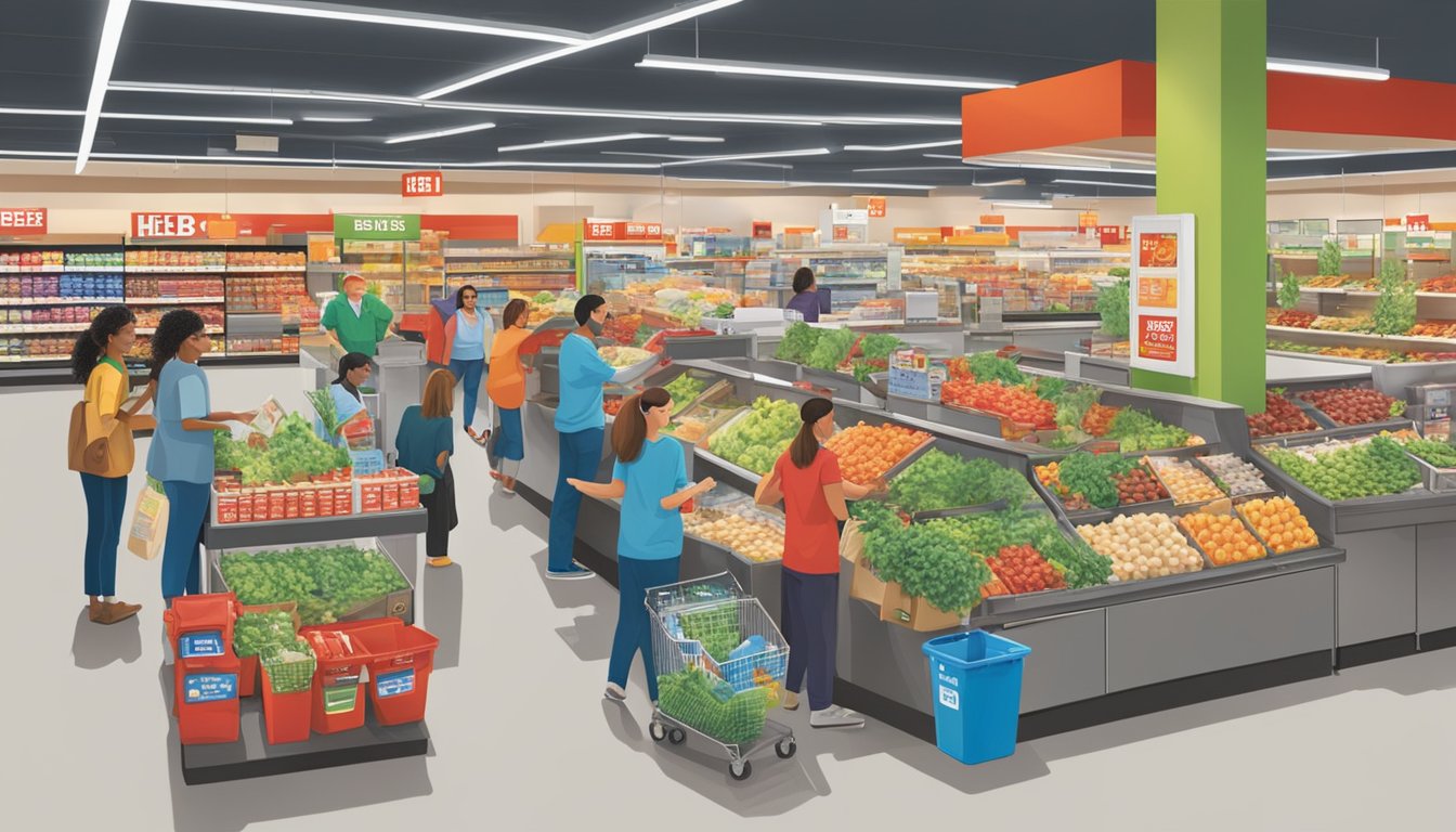 A bustling H-E-B store with customers using reusable bags, recycling bins, and energy-efficient lighting