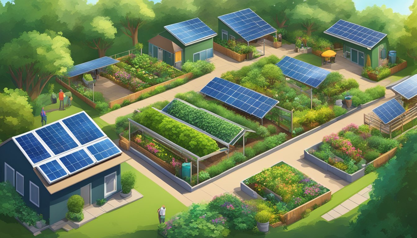 A vibrant garden with solar panels, recycling bins, and a composting area, surrounded by lush greenery and wildlife