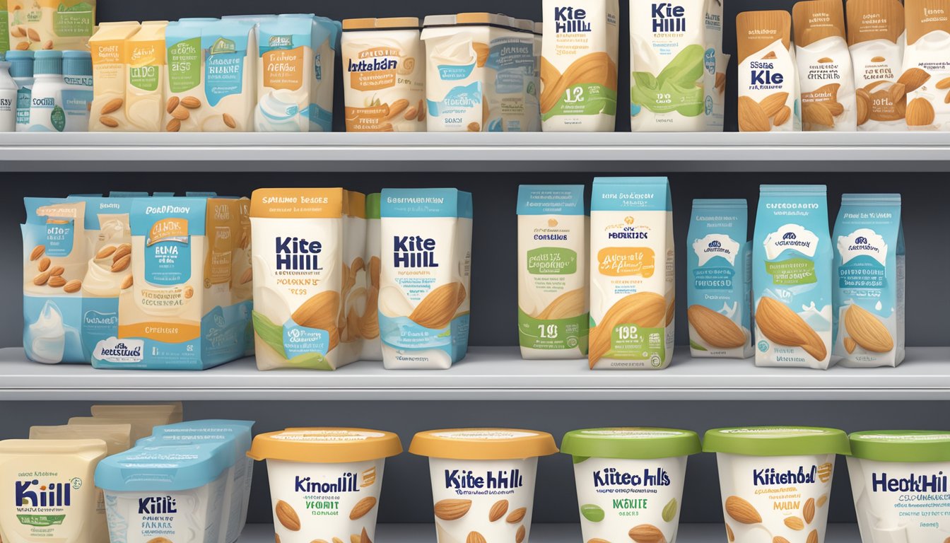 A variety of Kite Hill Almond Milk Yogurt containers displayed on shelves alongside other HEB offerings for dietary restrictions