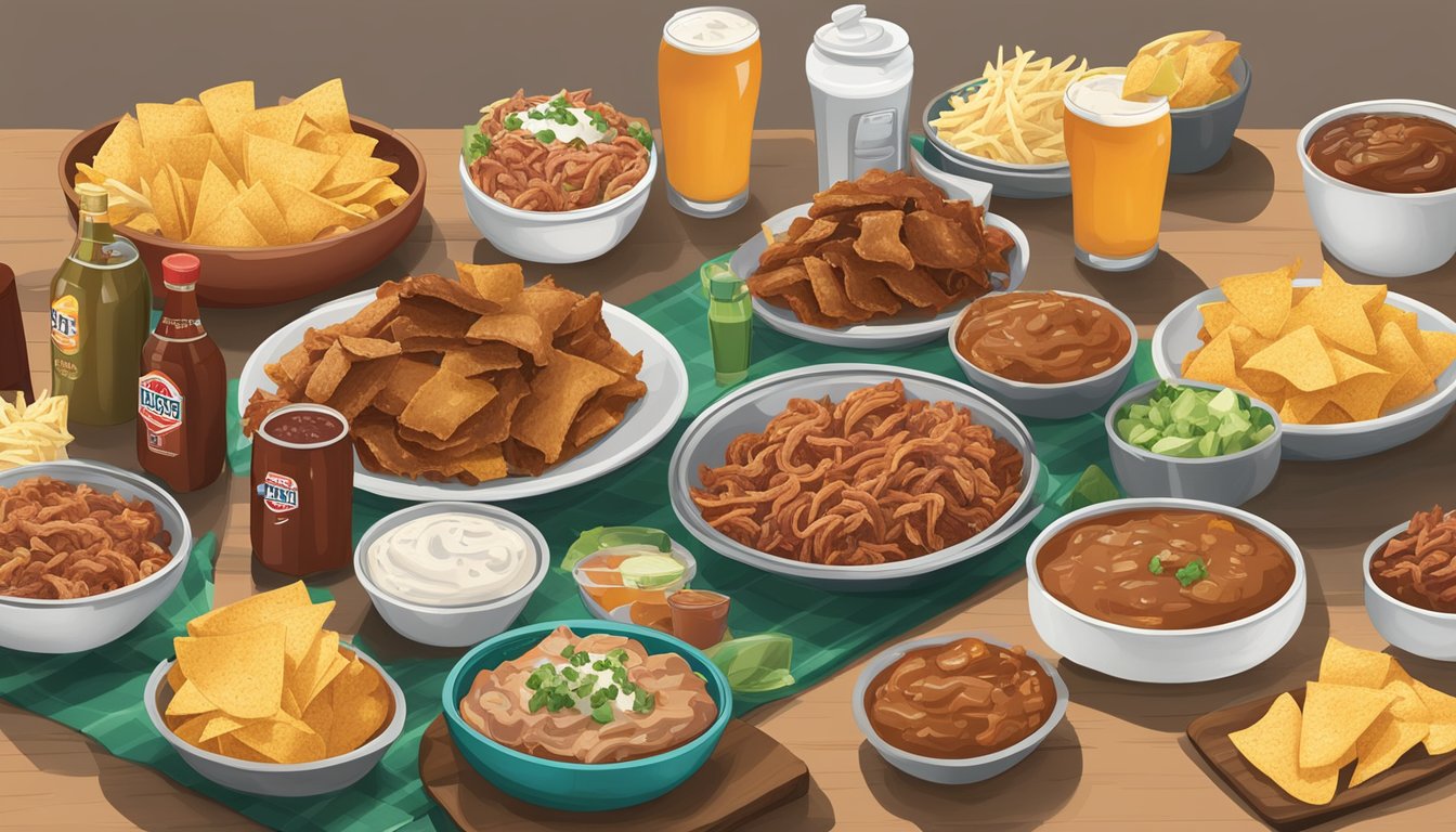 A table spread with HEB Texas Style Pulled Pork and 14 other tailgating products, including chips, dips, and drinks