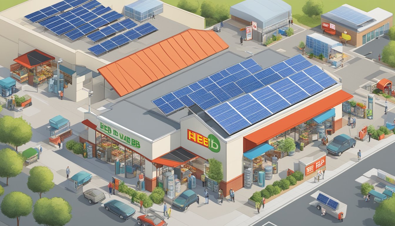 A bustling H-E-B store with water recycling stations, solar panels, and eco-friendly signage promoting sustainability