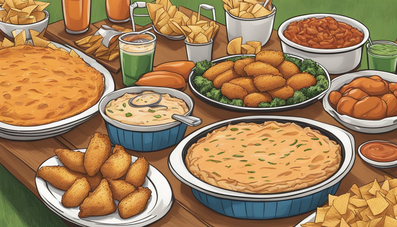 A table spread with HEB Buffalo Chicken Dip and 14 other tailgating products