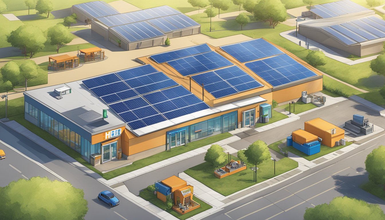 A sunny landscape with solar panels, wind turbines, and recycling bins outside an H-E-B store